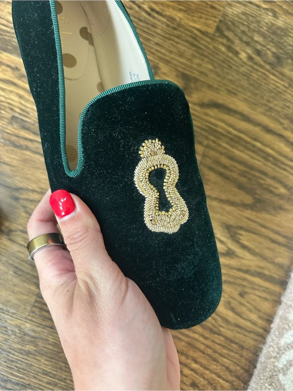 Boden Emerald Velvet Loafers with Gold Key & Lock Embellishment
